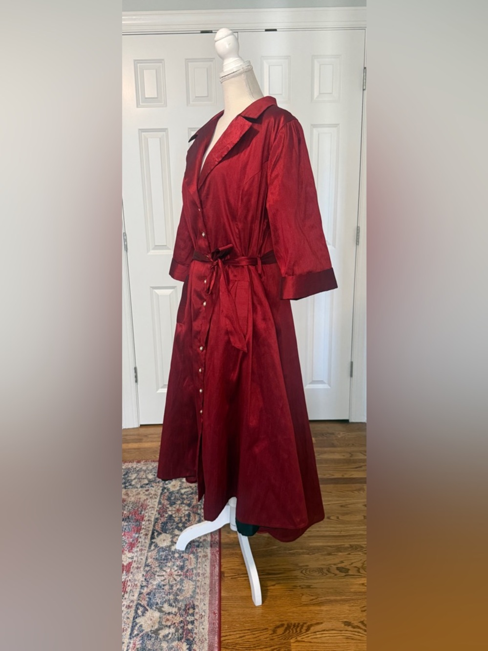 Vintage Wine Buttoned & Belted Portrait-Collar Taffeta Hi Low Dress Sz 2X